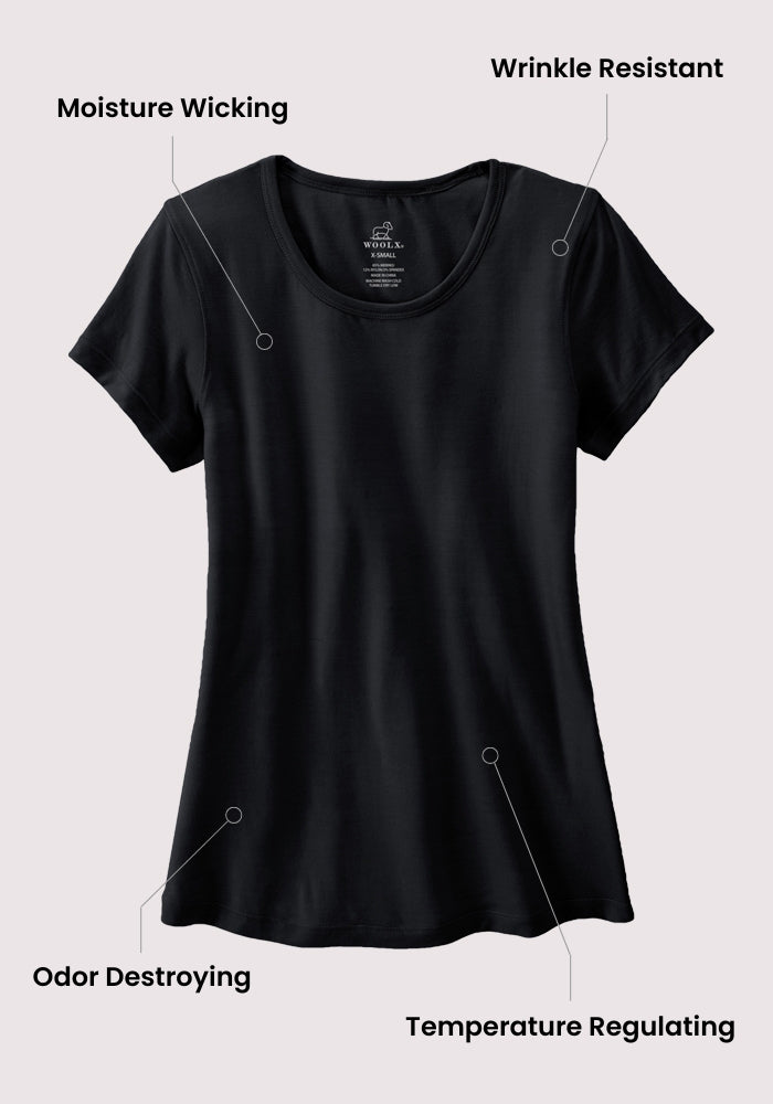 Woolx Addie Crew Neck in Raspberry Fizz: lightweight Merino tee, moisture wicking, wrinkle & odor resistant.