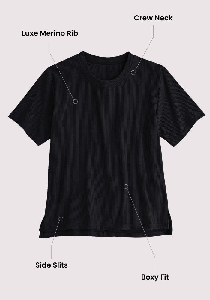 Woolx Delia Ribbed Short Sleeve in Moroccan Blue: crew neck, side slits, relaxed fit. Final Sale.