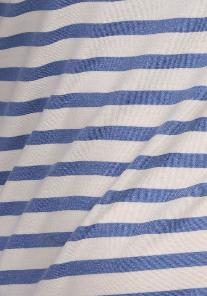 A close-up of the Woolx Elena 3/4 Sleeve V Neck - Blue Sand Stripe fabric, featuring horizontal blue and white stripes with subtle folds. This women's top is made from soft, breathable material for all-day comfort.