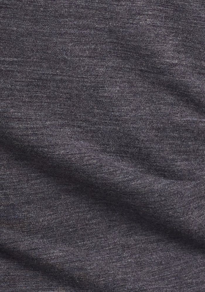 Close-up of the heathered Cinder Melange fabric with visible knit texture and soft folds, showcasing the luxurious heavyweight Merino wool in Woolx Emerson Straight Leg Pants Petite.