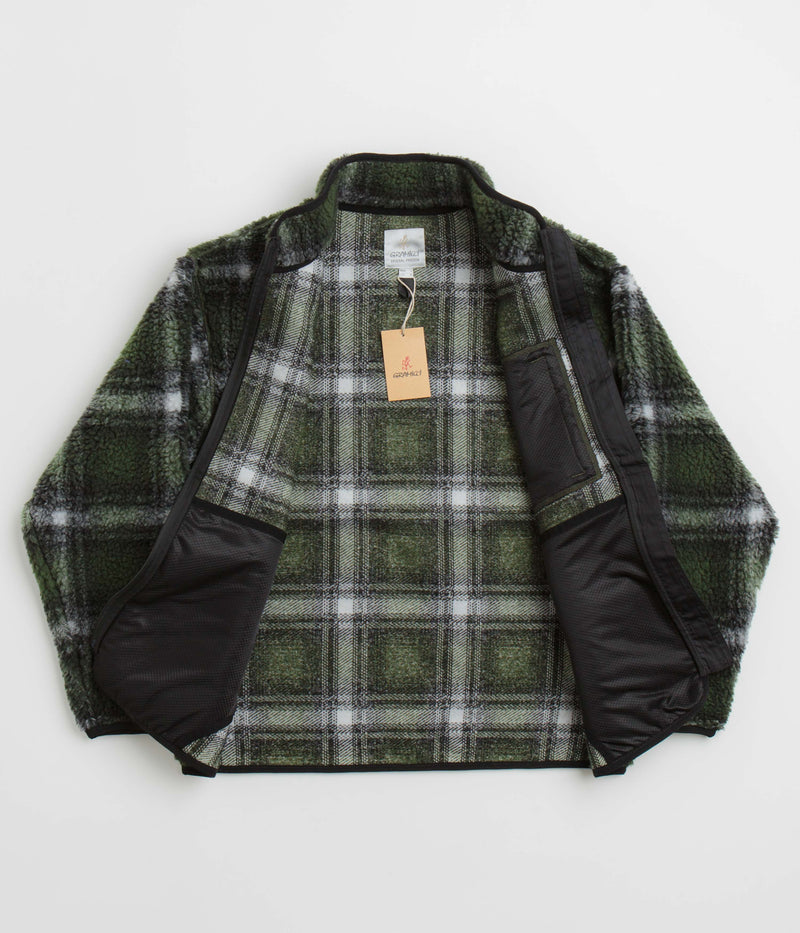 Gramicci Shadow Plaid Sherpa Jacket in Olive Shadow Plaid