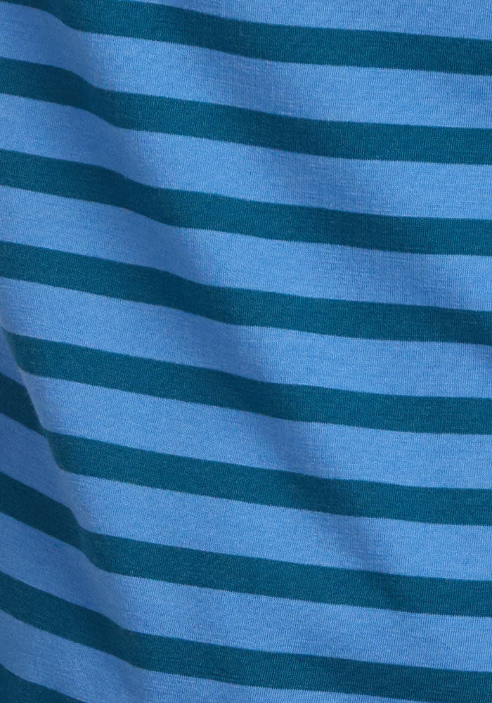 Woolx Jenny 3/4 Sleeve Crew Neck in Coastal Stripe features simple, repetitive blue horizontal stripes.