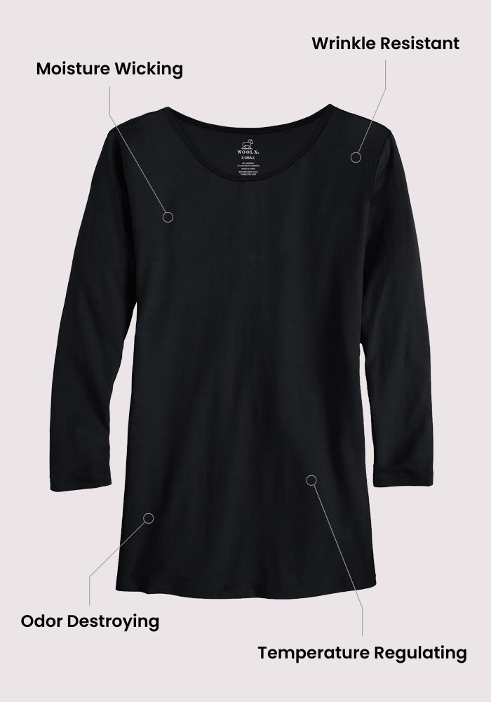 Woolx Jenny 3/4 Sleeve Crew Neck in Poppy Spark: moisture wicking, wrinkle resistant, odor control, temp regulating.