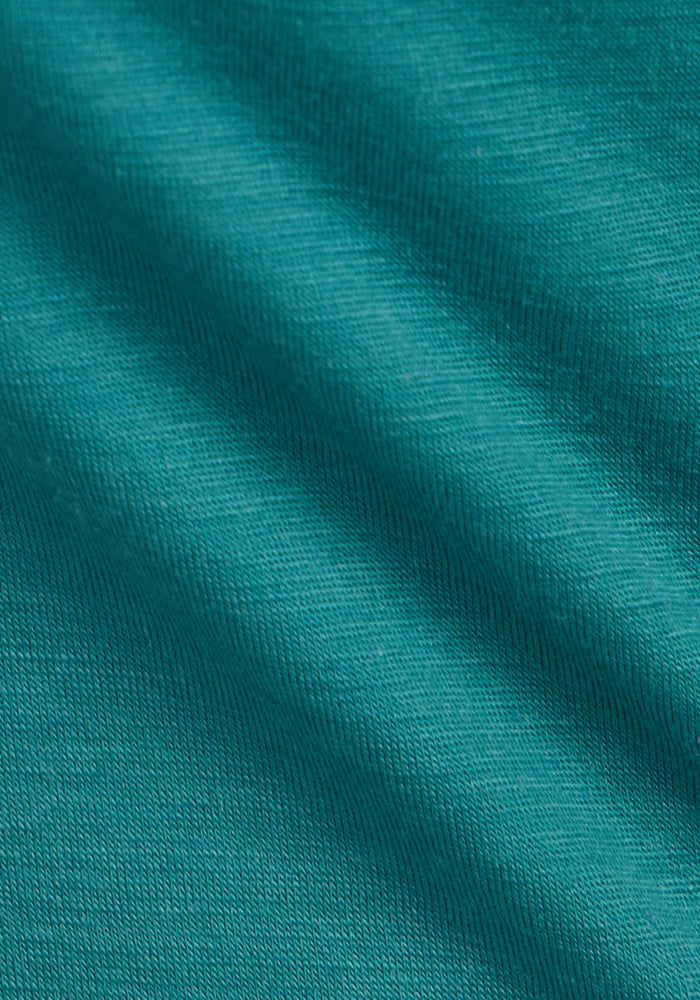 Close-up of Woolx Jenny 3/4 Sleeve Crew Neck in Surfside, showing teal Australian Merino Wool texture and folds.