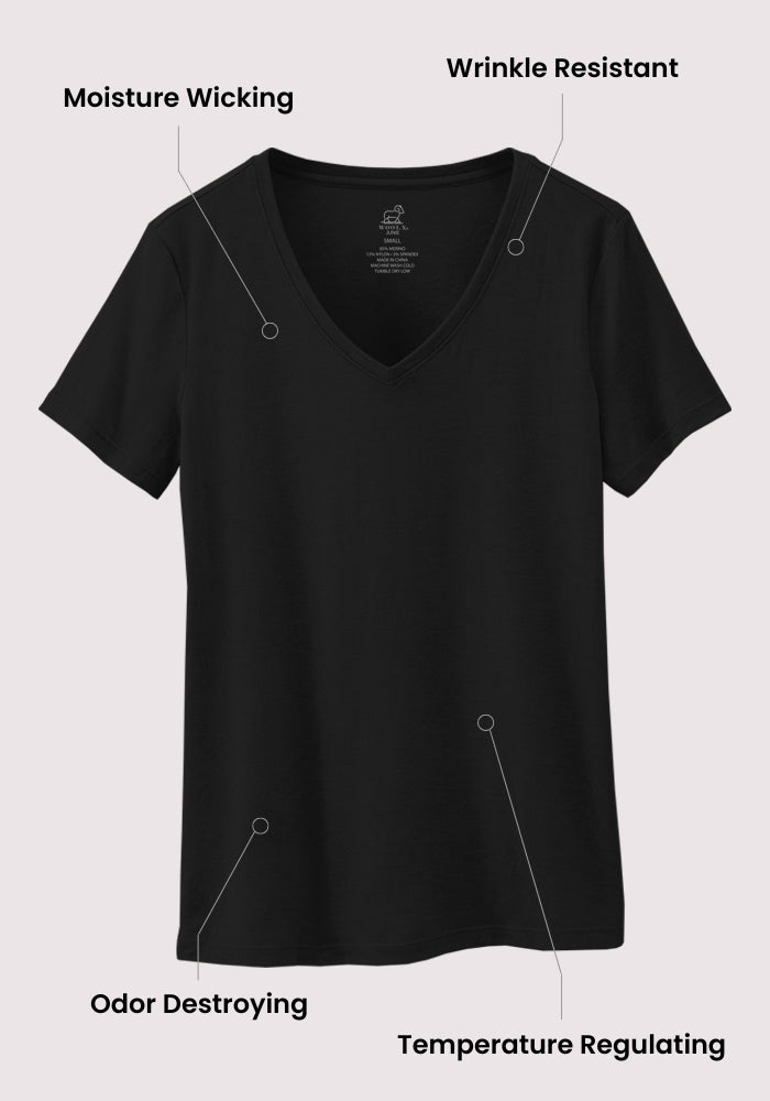 Woolx Junie V Neck in Surfside: moisture-wicking Merino tee; wrinkle resistant, odor fighting, temp regulating.