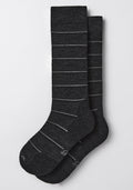 The Woolx Mens Chandler Mid Calf Socks in dark grey charcoal feature a lightweight design and thin light gray stripes, shown laid flat on a white background.