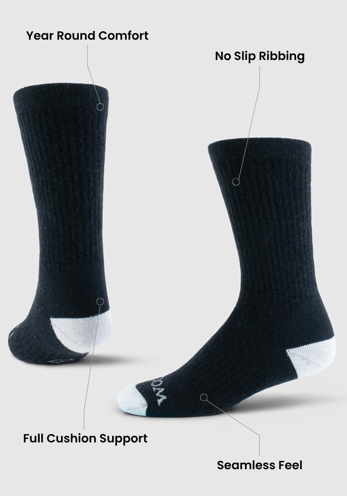 Two grey Mens Core Crew Socks by Woolx are shown on a light background, highlighting year-round comfort, no slip ribbing, full cushion support, arch support, moisture-wicking properties, and a seamless feel.