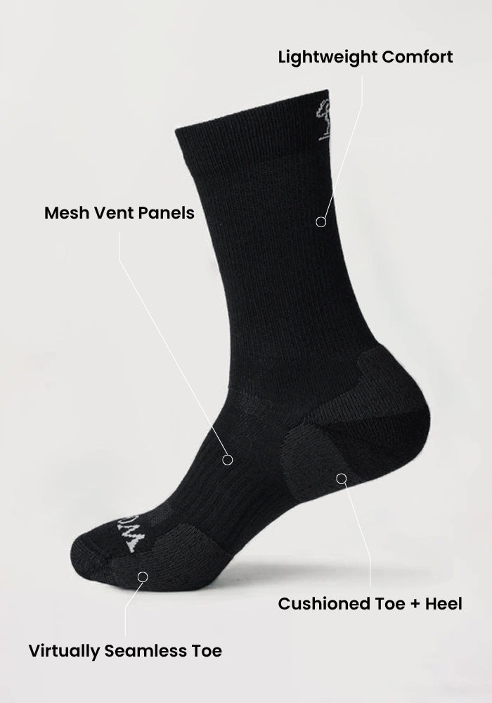 The Woolx Mens Harbor Crew Sock in grey is shown on a white background with labeled features: lightweight comfort, mesh vent panels, cushioned toe and heel, and a virtually seamless toe.