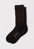 A pair of Woolx Mens Joey Crew Socks in Dark Espresso, featuring ribbed merino wool and "wool" on the sole, lies flat on a white background with one cozy crew sock slightly overlapping the other.