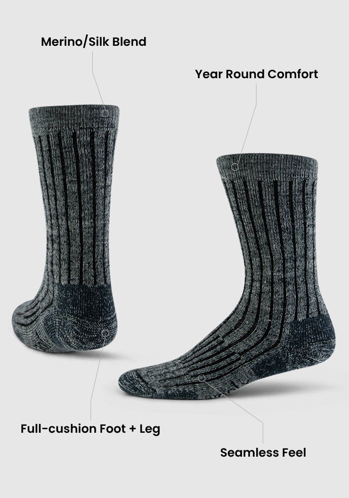Two dark espresso Joey Crew Socks by Woolx are shown, featuring a ribbed design with black vertical stripes. Text highlights "Merino/Silk Blend," "Year Round Comfort," "Full-cushion Foot + Leg," and "Seamless Feel." Ideal for daily comfort.