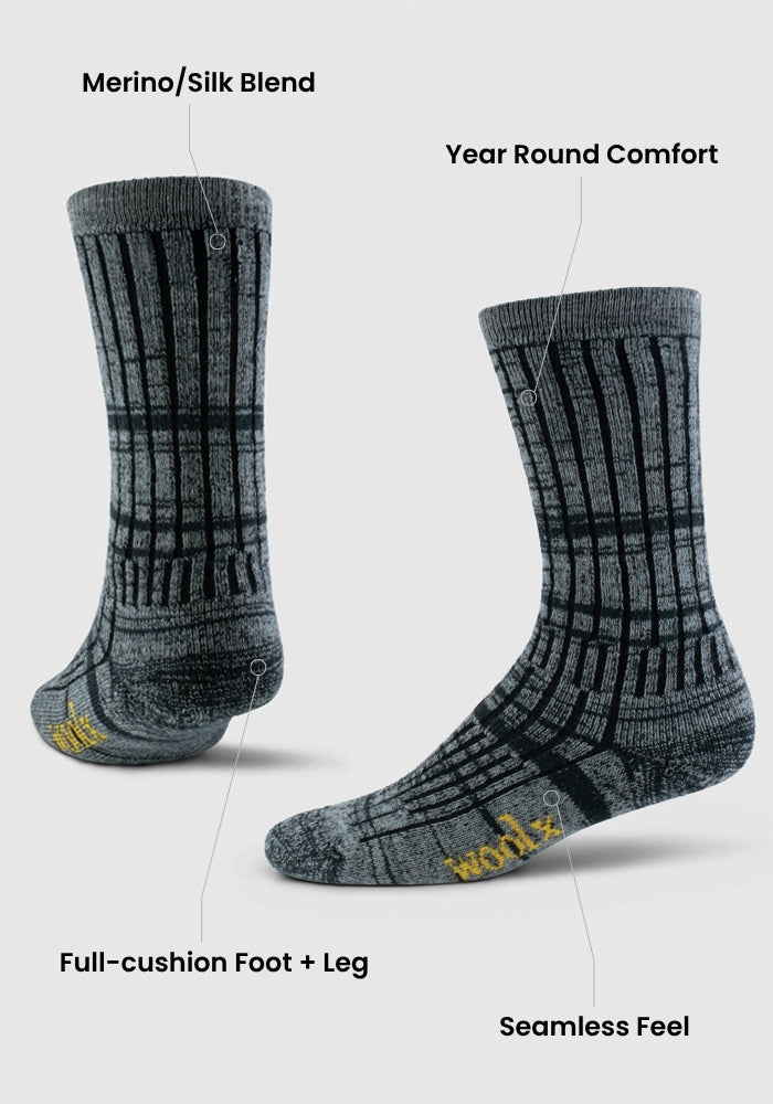 The Woolx Mens Joey Mid Calf Socks in Cinnamon Spice feature moisture-wicking Merino wool, full-cushion comfort, seamless design, and “Work” stitched in yellow on the toes. Stylish black patterns complete these year-round socks.