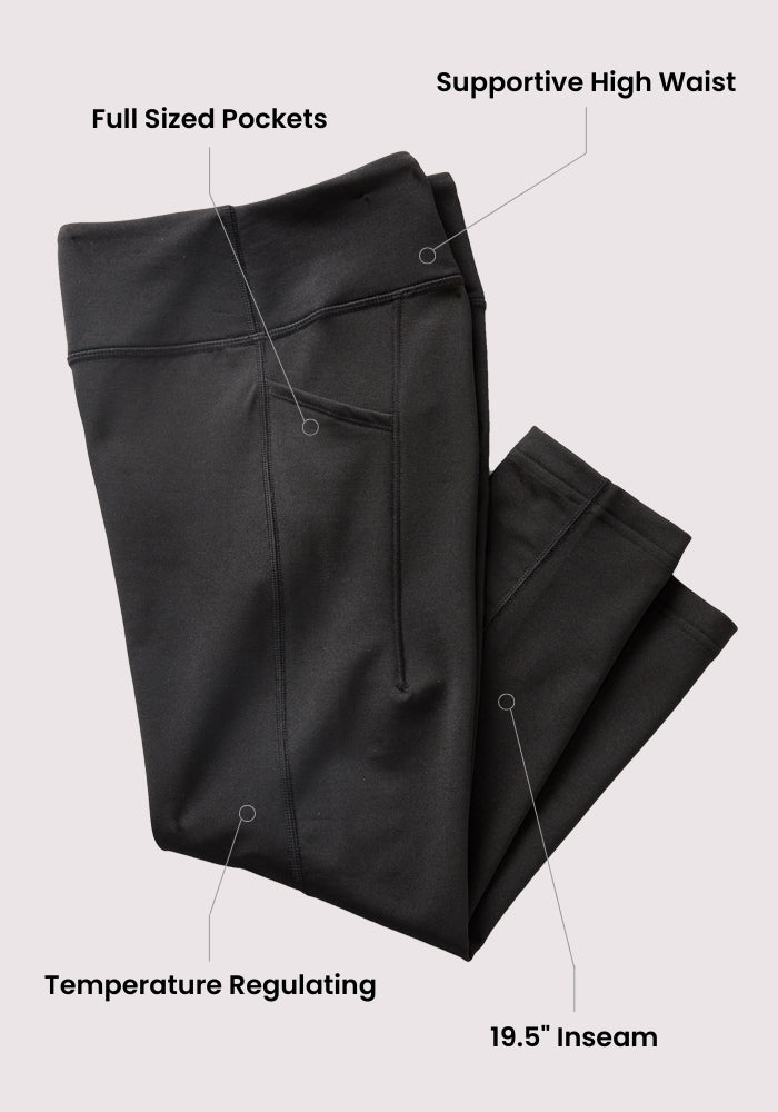 The Woolx Merino Flex® McKenna Capris - Everleaf are folded on a light background, with labels highlighting full-sized pockets, a supportive high waist, temperature-regulating fabric, and a 19.5" inseam—perfect for versatile wear.