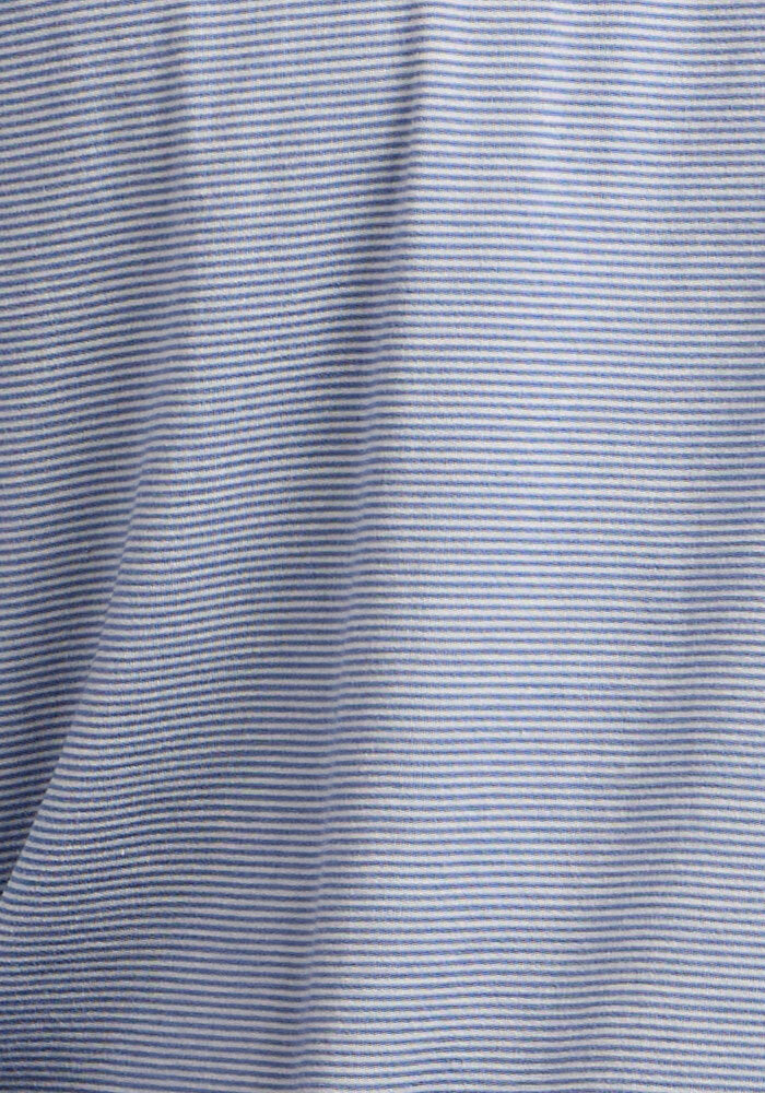 Close-up of the Woolx Preston Polo - Blue Sand Mini Stripe, highlighting its premium moisture-wicking fabric with thin white horizontal stripes and subtle, wavy folds for a refined textured look.