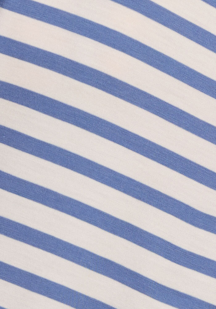 A close-up of the Woolx Remi Long Sleeve T-Shirt in Blue Sand Stripe, featuring evenly spaced diagonal blue and white stripes—ideal as a moisture-wicking merino wool base layer.
